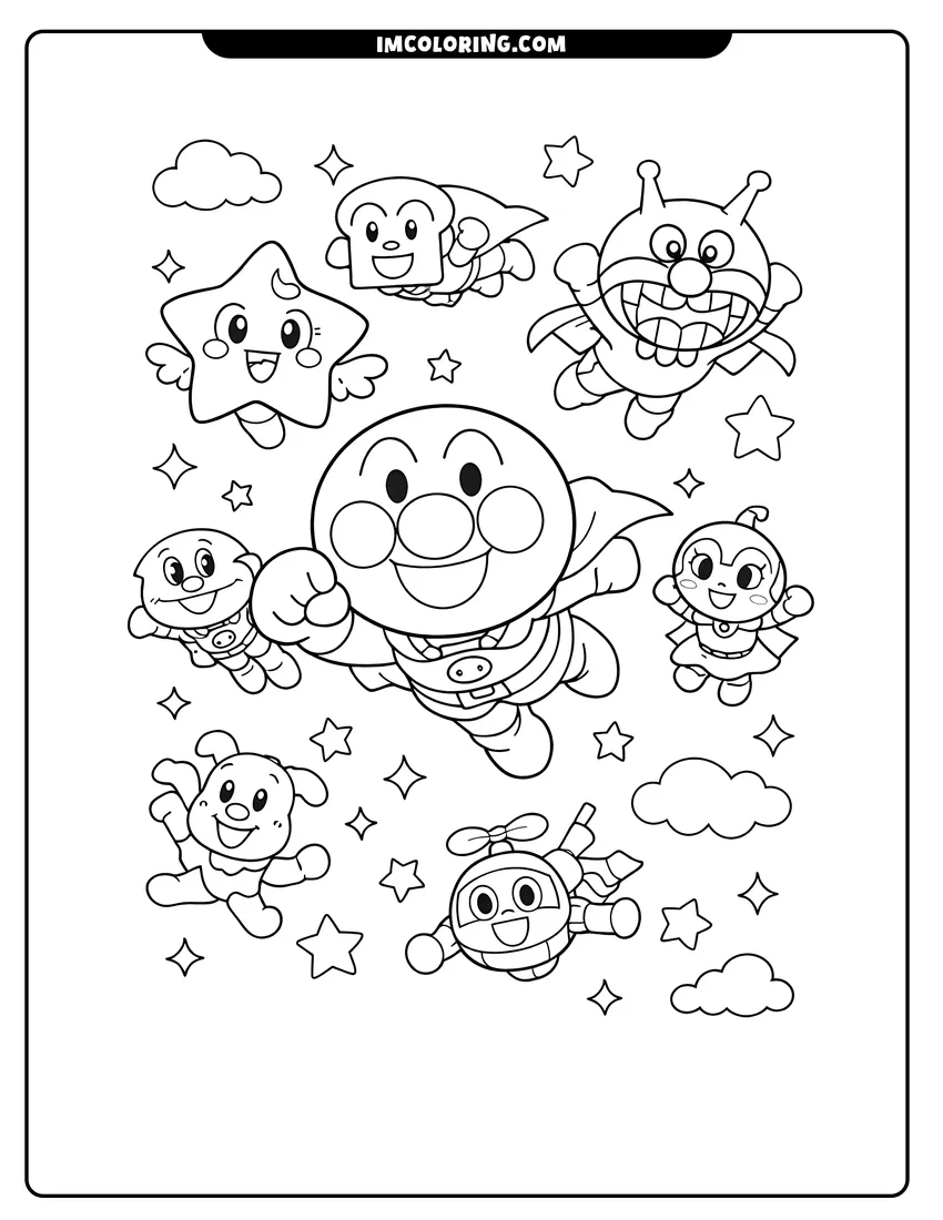 Line art depicting Anpanman, Kurun the star, and Baikinman flying