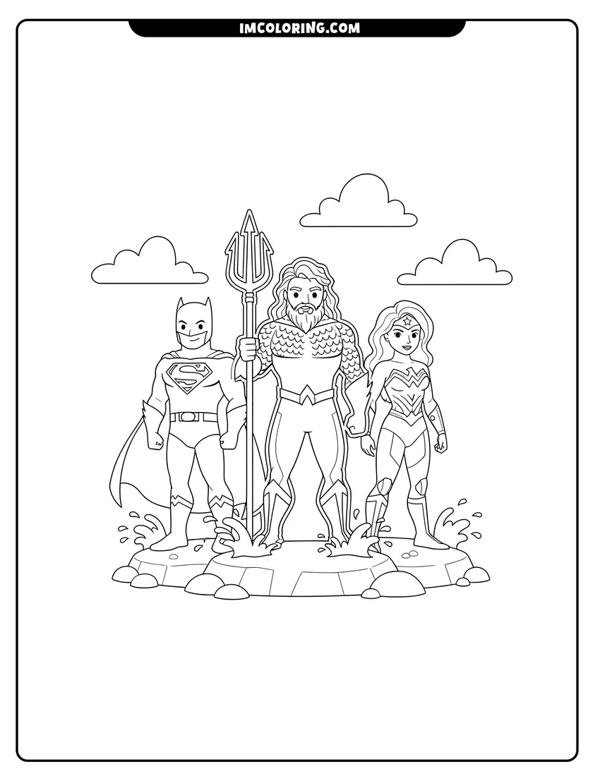 Kids activity sheet showing Aquaman with Superman, Batman, Wonder Woman, and Cyborg