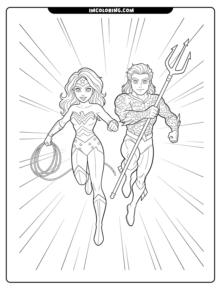 Outline of Wonder Woman and Aquaman leaping forward into action on a white background