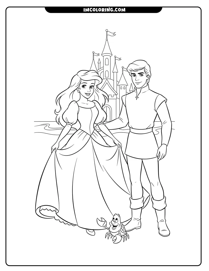 Black and white Ariel in a gown standing with Prince Eric on land coloring sheet