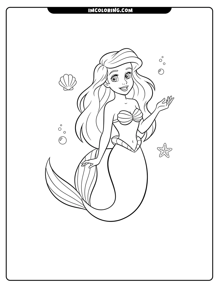 Scene showing Ariel posing with her mermaid tail curved to color