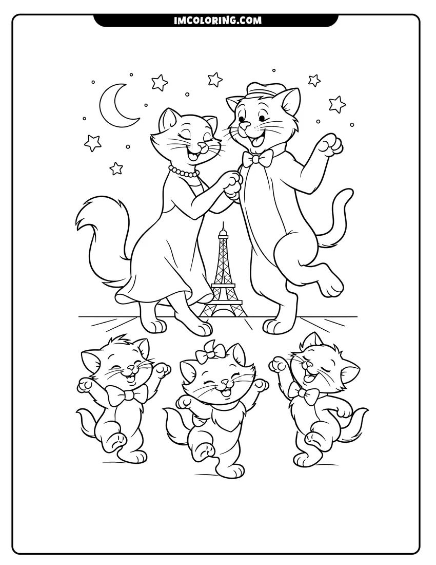 Coloring sheet of Duchess, Thomas, and kittens dancing on a Parisian rooftop for kids