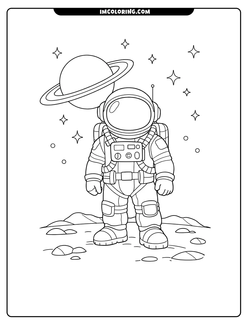 Black and white Astronaut standing on a planet with Saturn nearby coloring sheet