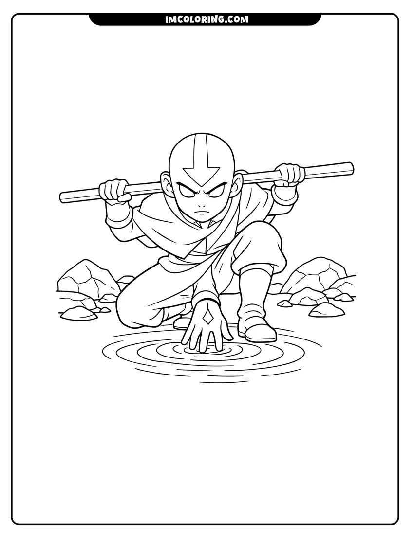 Aang in Avatar State by a water pool drawing meant for coloring