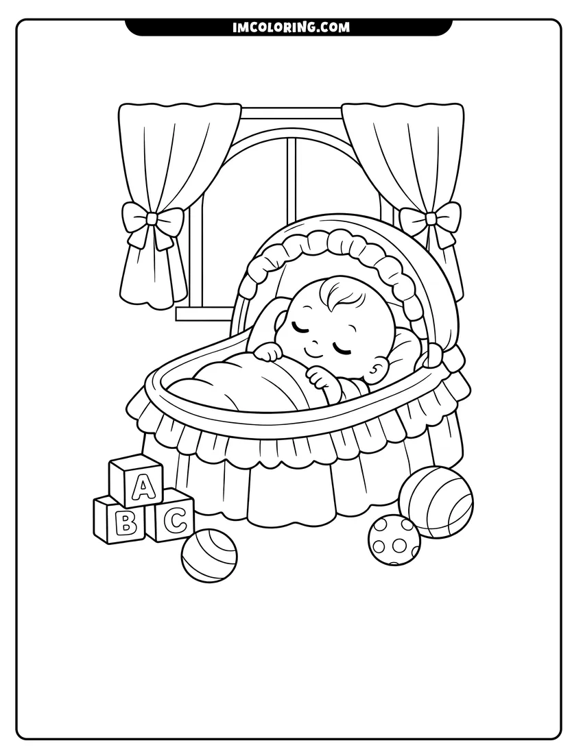Line art depicting Baby sleeping in a bassinet with ruffled skirt