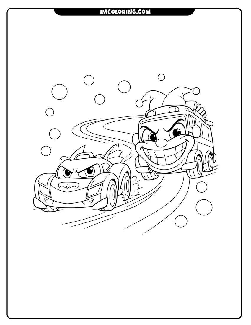 Black and white Bam the Batmobile racing Prank the Joker van coloring sheet