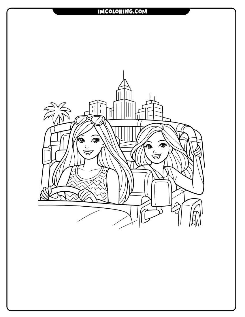 Simple line drawing of Barbie and friend driving in an open-top jeep