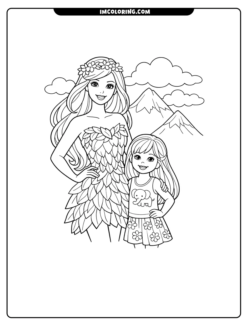 Barbie standing with her sister Kelly outdoors drawing meant for coloring