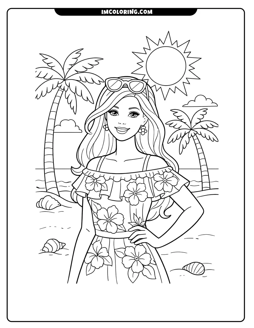 Barbie wearing a hibiscus dress on the beach coloring page for preschoolers