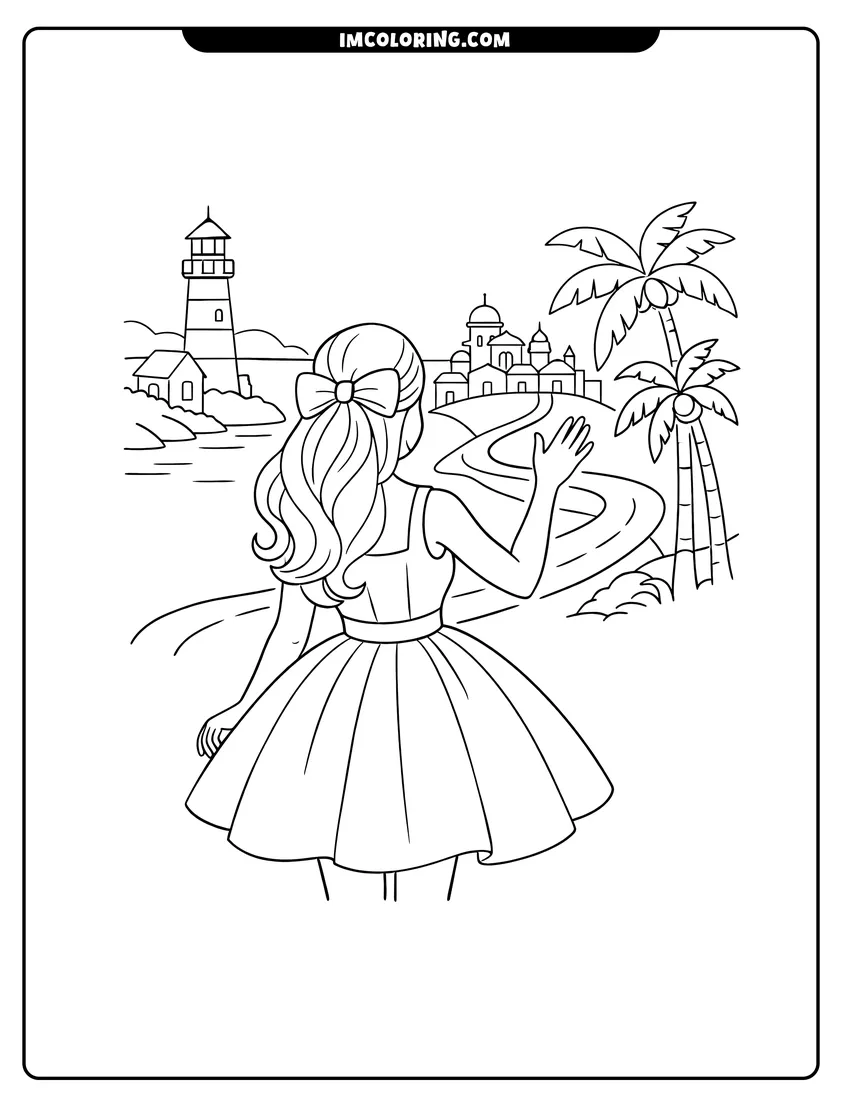 Woman waving to a coastal city drawing meant for coloring