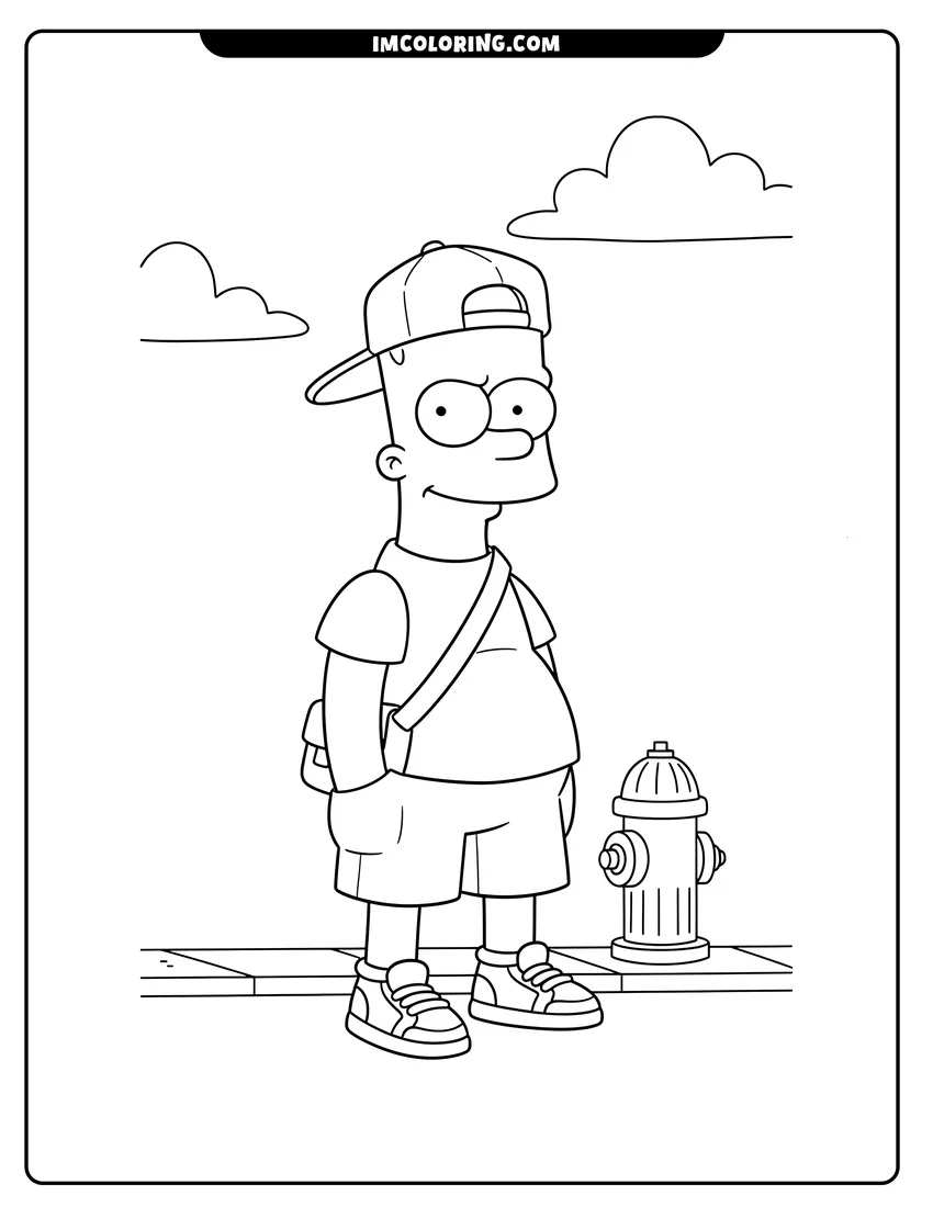 Simple line drawing of Bart Simpson walking on a city sidewalk with a cap