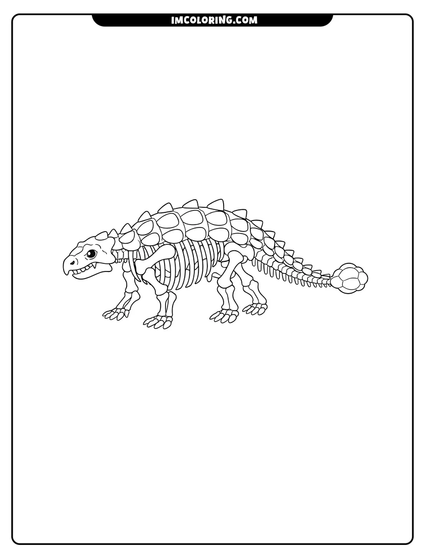 Cute Simple Ankylosaurus skeleton fossil showing armor and tail club outline for coloring