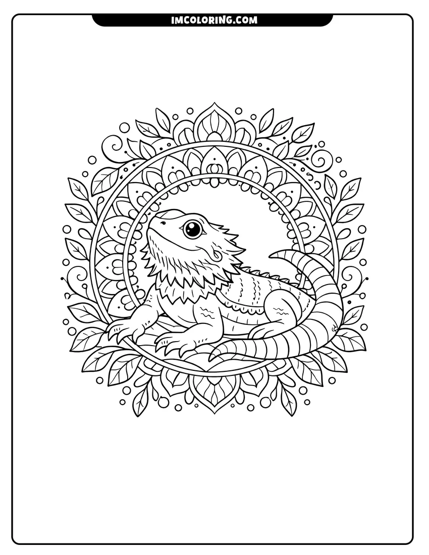 Simple line drawing of Bearded dragon inside a circular floral mandala frame
