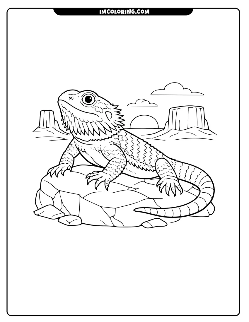 Simple line drawing of Bearded dragon on a rock during a desert sunset