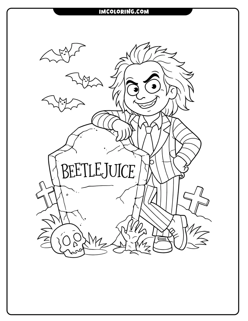 Line art depicting Beetlejuice leaning on a tombstone in a spooky graveyard