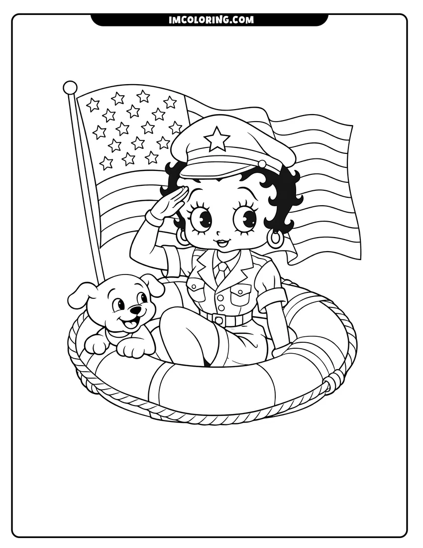 Betty Boop saluting with Pudgy and an American flag drawing meant for coloring