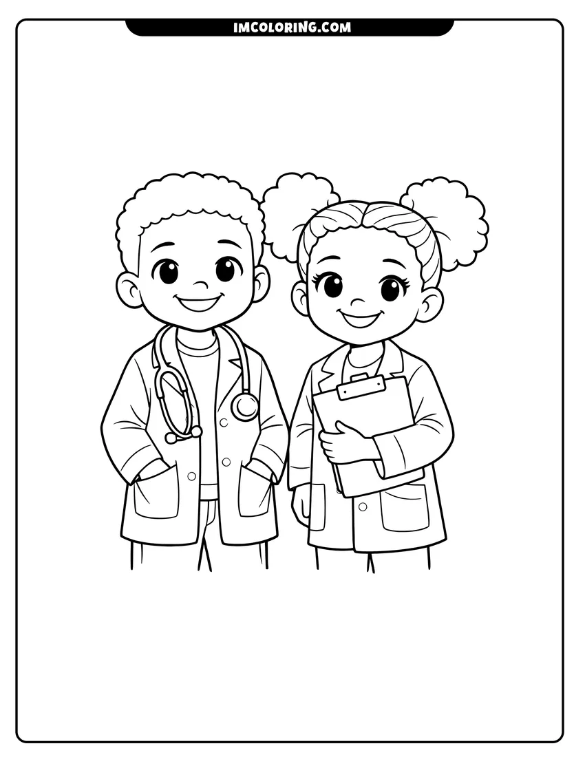 Black girl and boy dressed as doctors together drawing meant for coloring