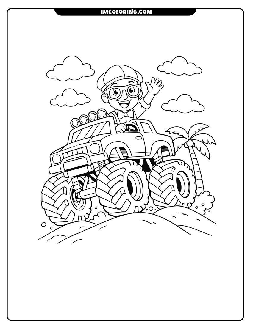 Cute Blippi Character driving a monster truck in the desert outline for coloring