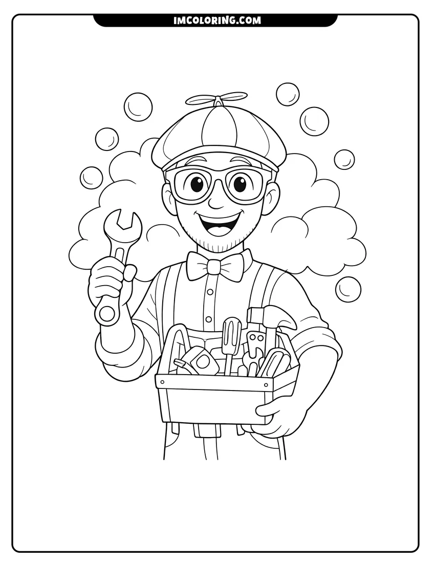 Simple line drawing of Blippi Character holding a toolbox and wrench