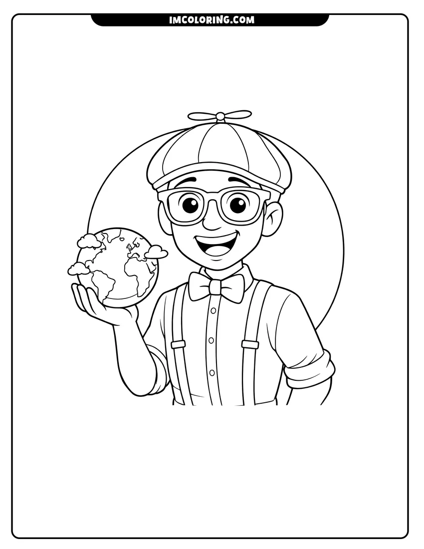 Kawaii style Blippi Character holding a small globe of Earth coloring picture