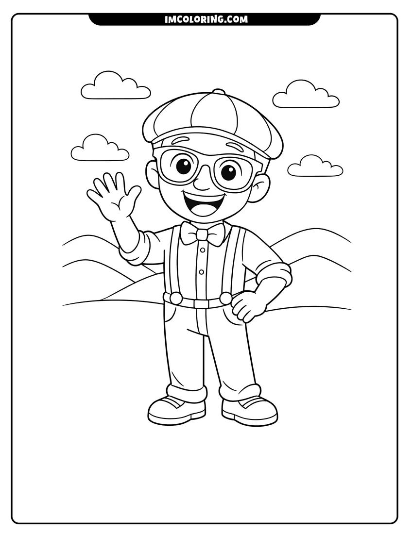Detailed Blippi Character waving in front of rolling hills design for coloring