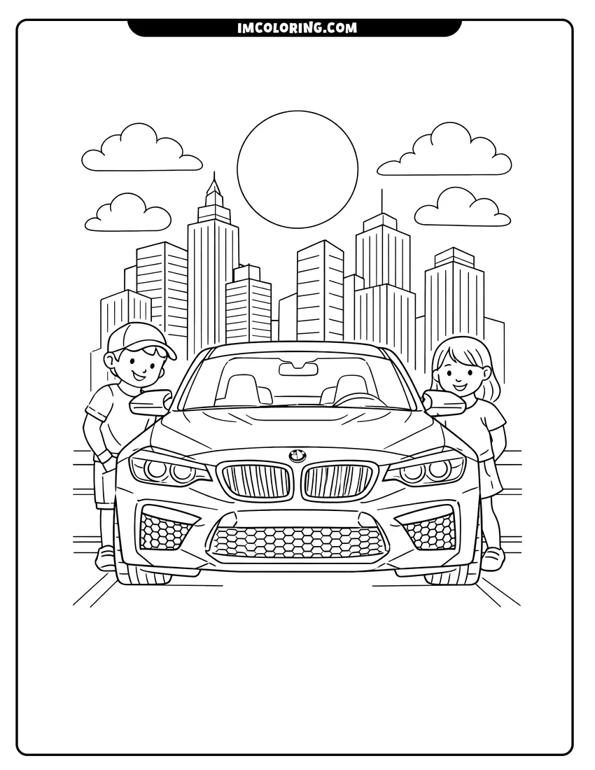 Outline of Bmw M2 coupe on a city street on a white background