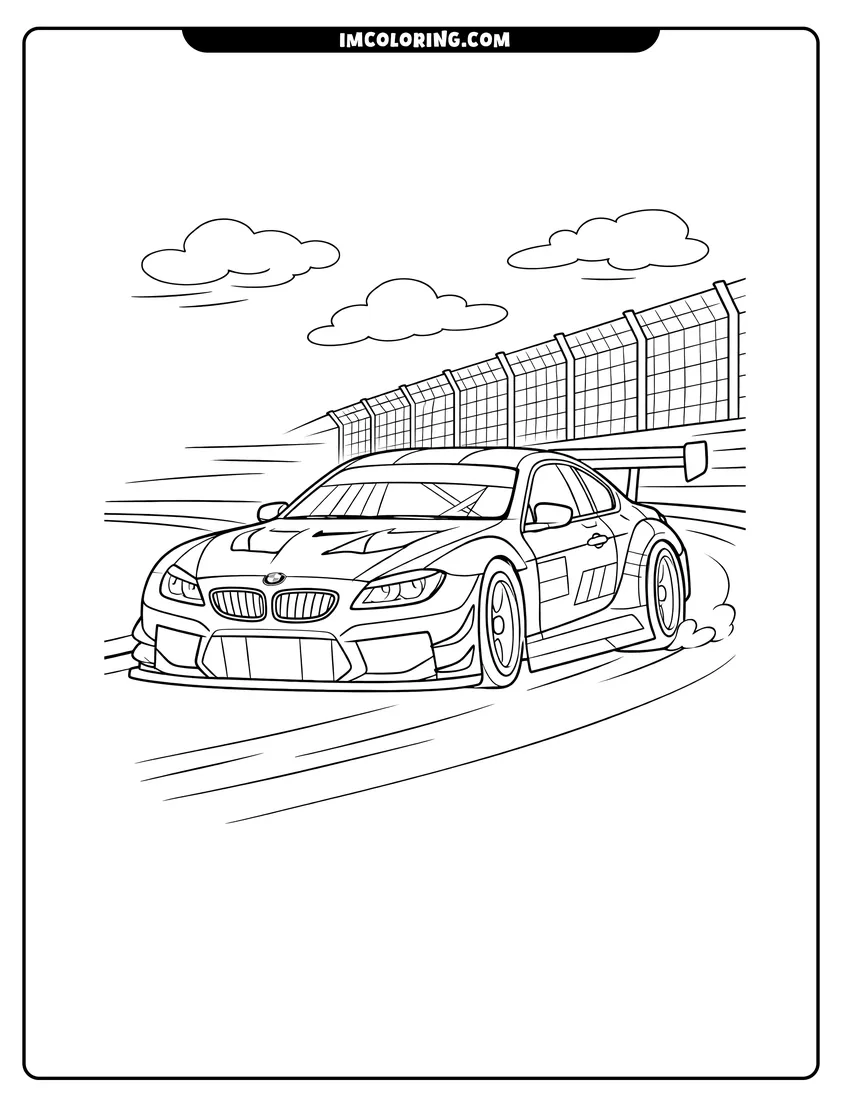 Scene showing Bmw M6 GT3 race car on curved track to color