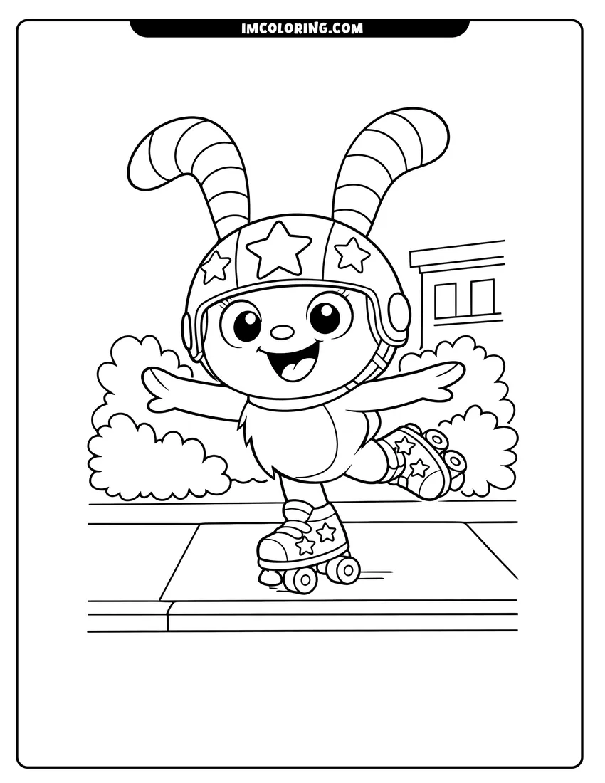 Illustration of Bozzly the Fuzzly roller skating on one foot ready for painting