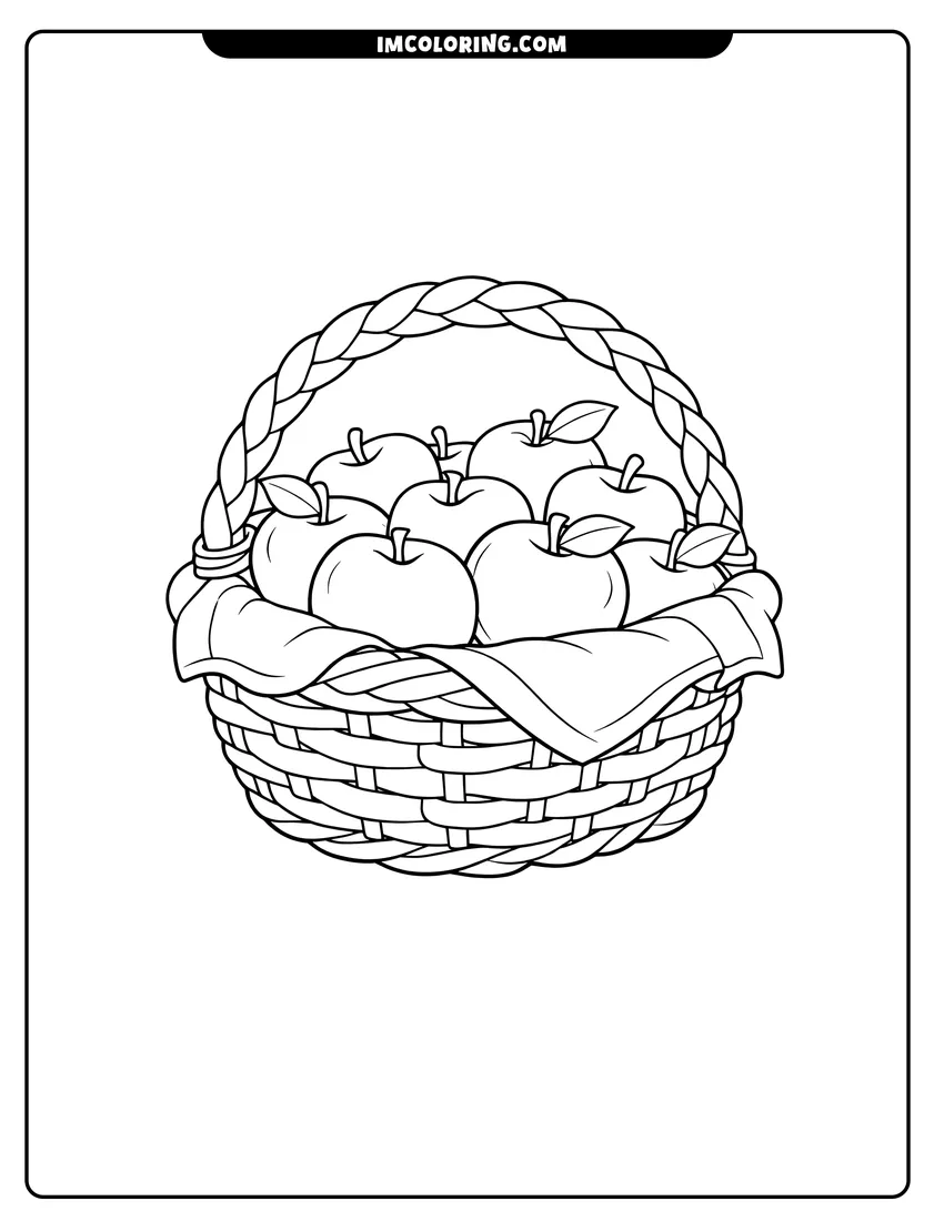 Detailed Woven basket filled with Apples design for coloring