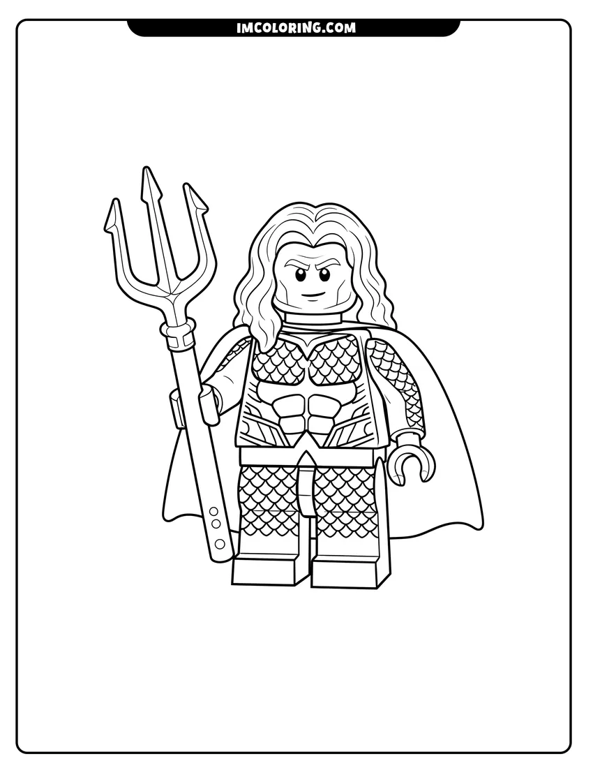 Simple line drawing of Lego Aquaman minifigure holding a golden trident