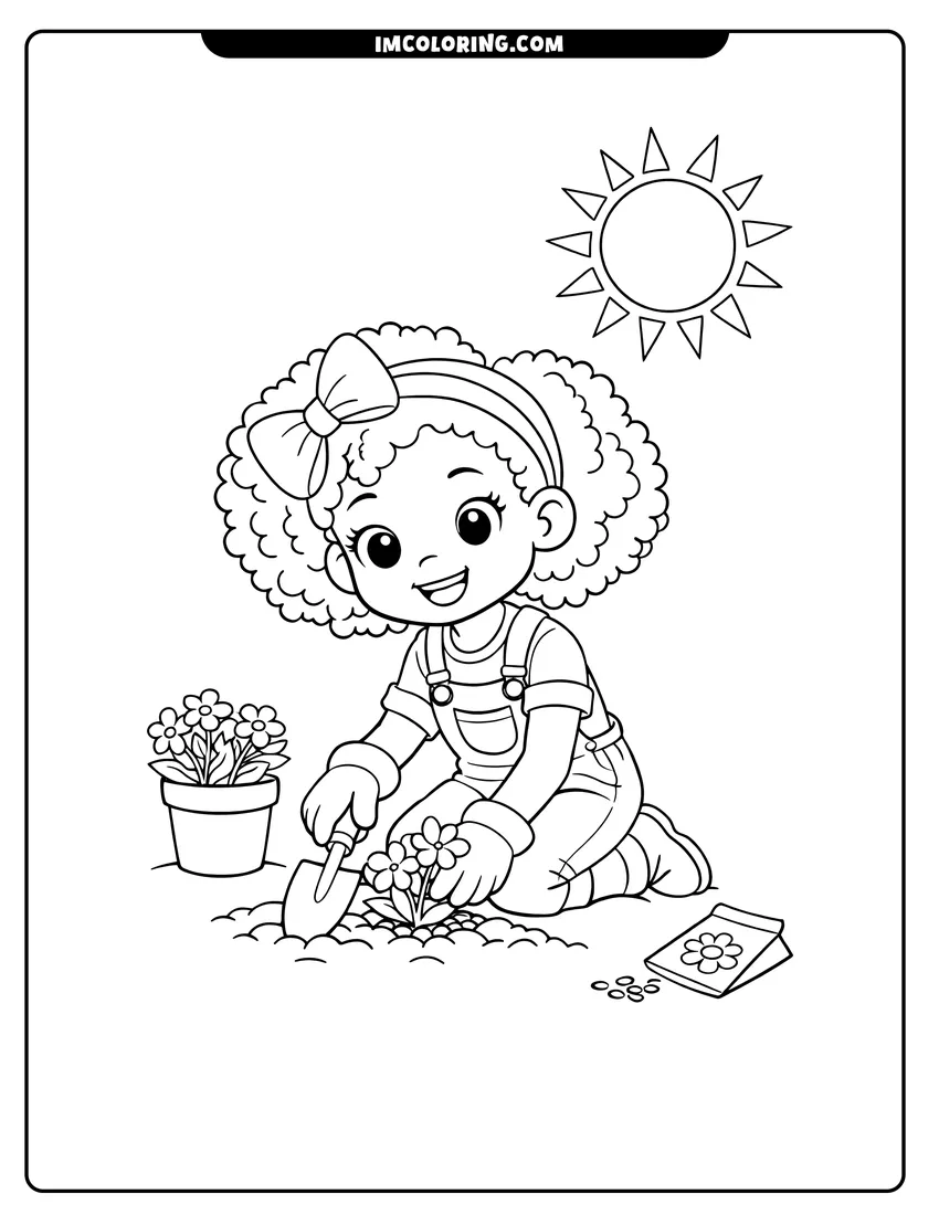 Easy-to-color Black girl gardening and planting flowers illustration