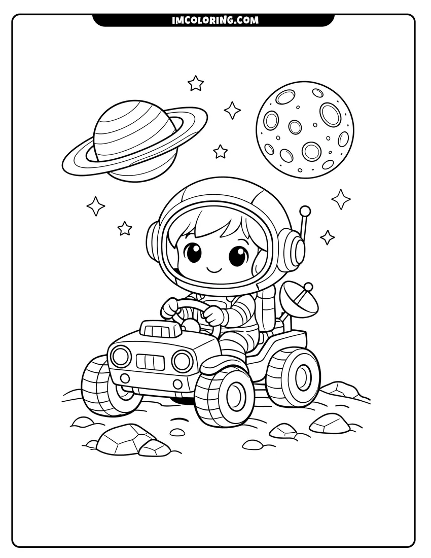 Easy-to-color Chibi astronaut driving a rover on a planet illustration