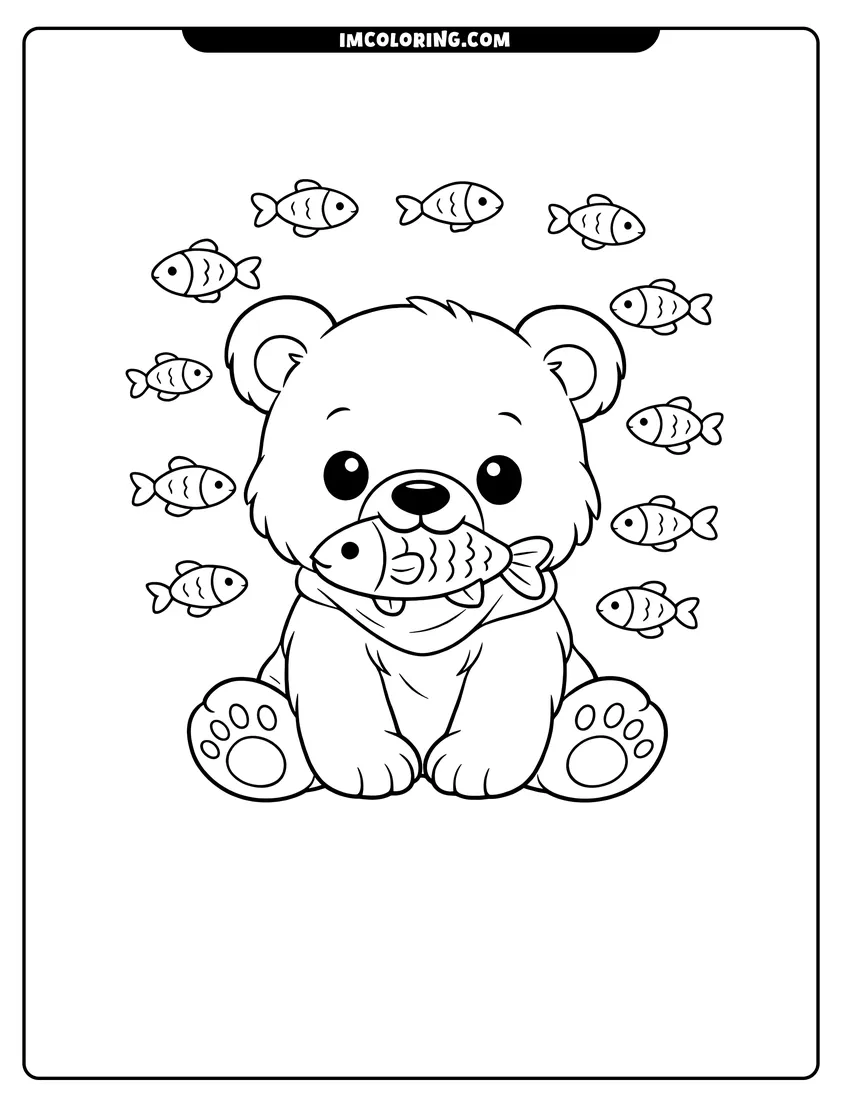 Black and white Baby bear holding a fish in its mouth coloring sheet