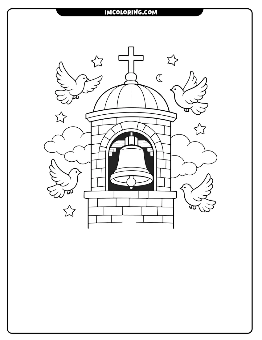 Printable outline of Brick church bell tower with doves and a cross