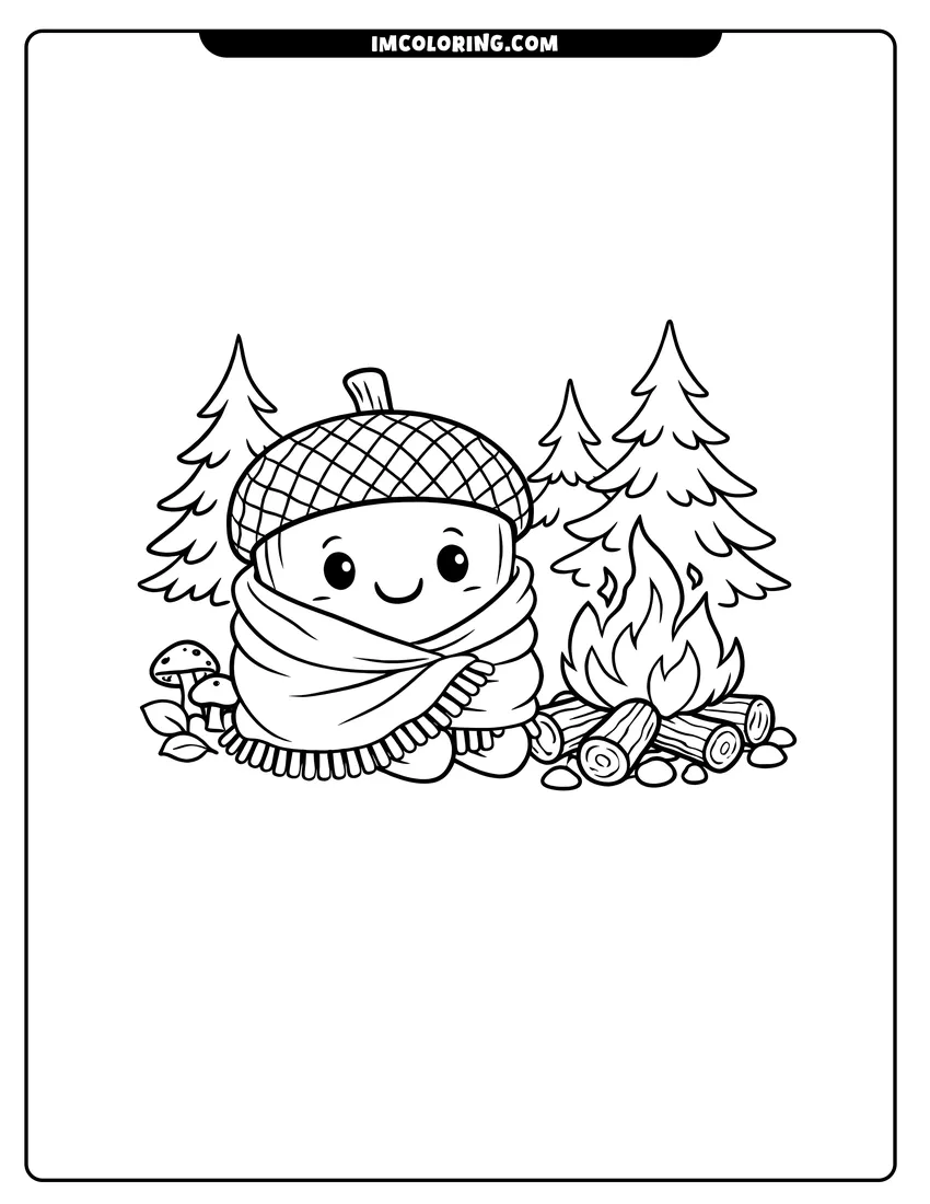 Printable outline of Acorn wrapped in a blanket by a campfire
