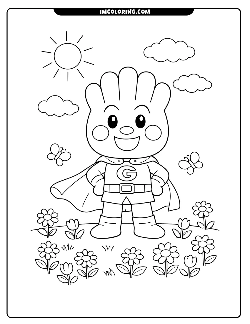 Easy-to-color Cream Panda standing in a field of flowers illustration