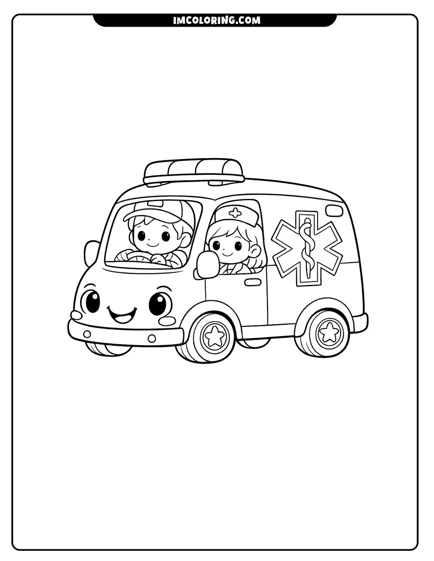 Simple line drawing of Cute rounded cartoon ambulance with star-patterned hubcaps