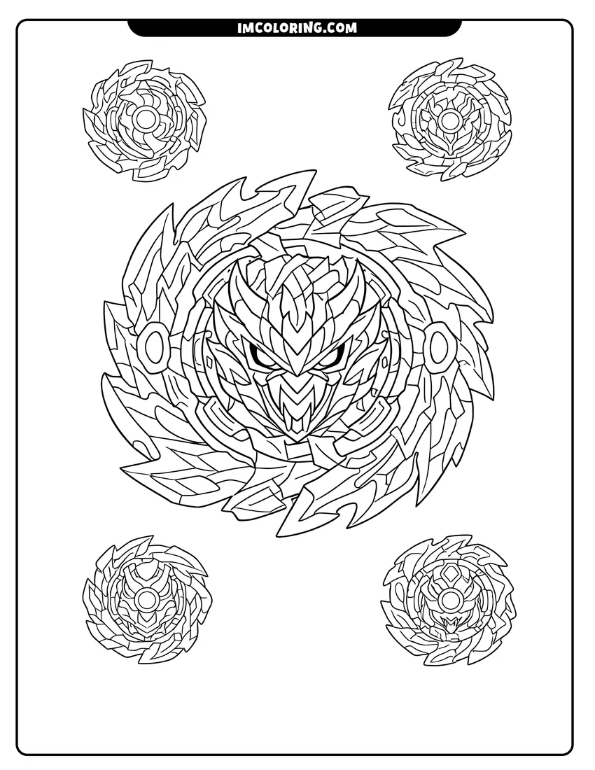 Illustration of Dynamite Belial Beyblade with flame-like outer ring ready for painting