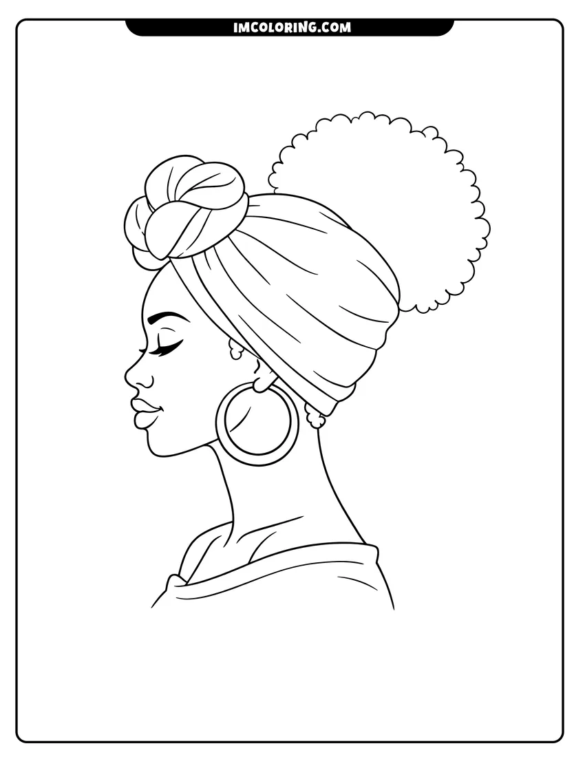 Detailed Black girl with an afro puff and headwrap design for coloring