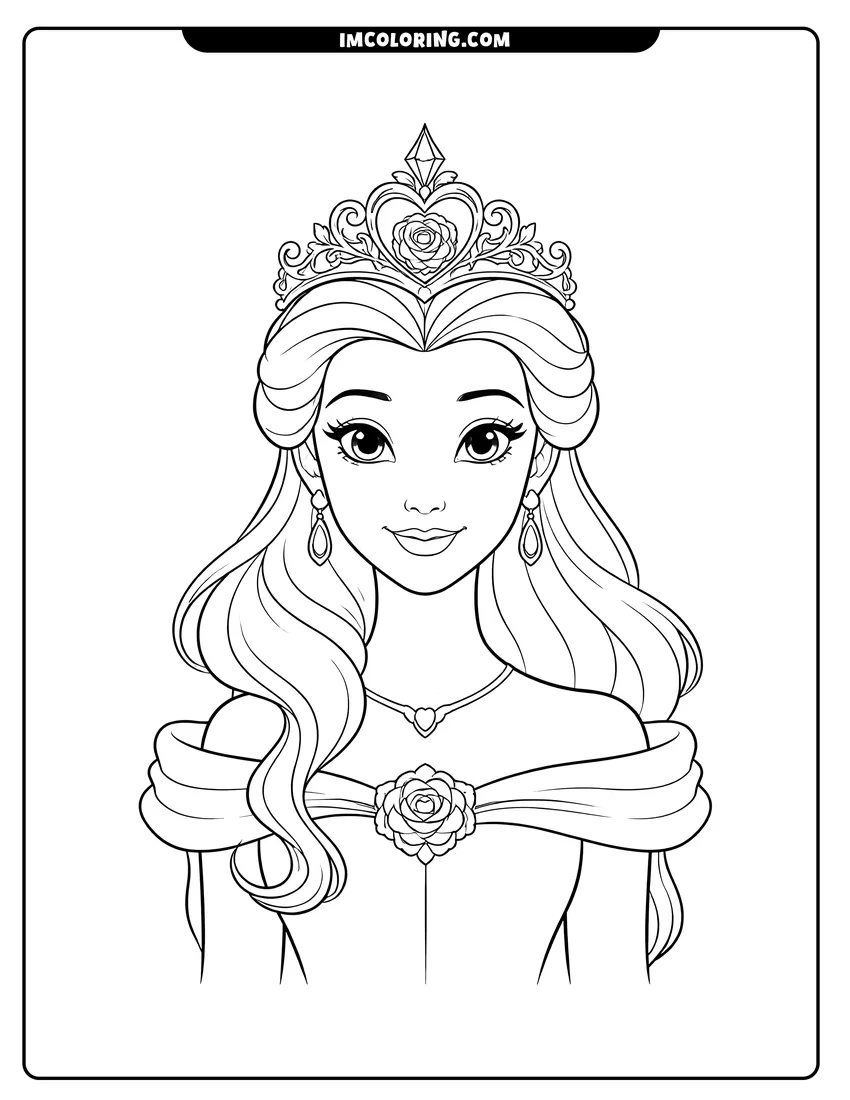 Elegant princess tiara with a central rose detail coloring page for preschoolers