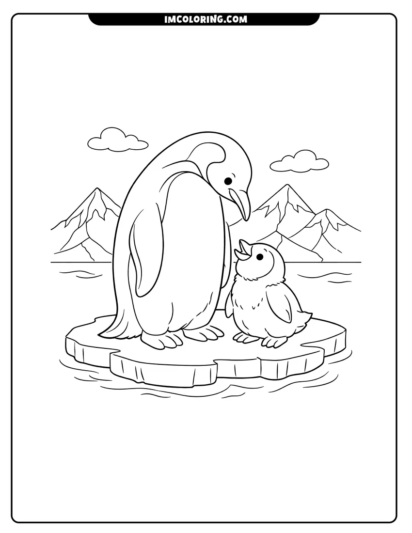 Printable outline of Adult emperor penguin and baby chick on ice