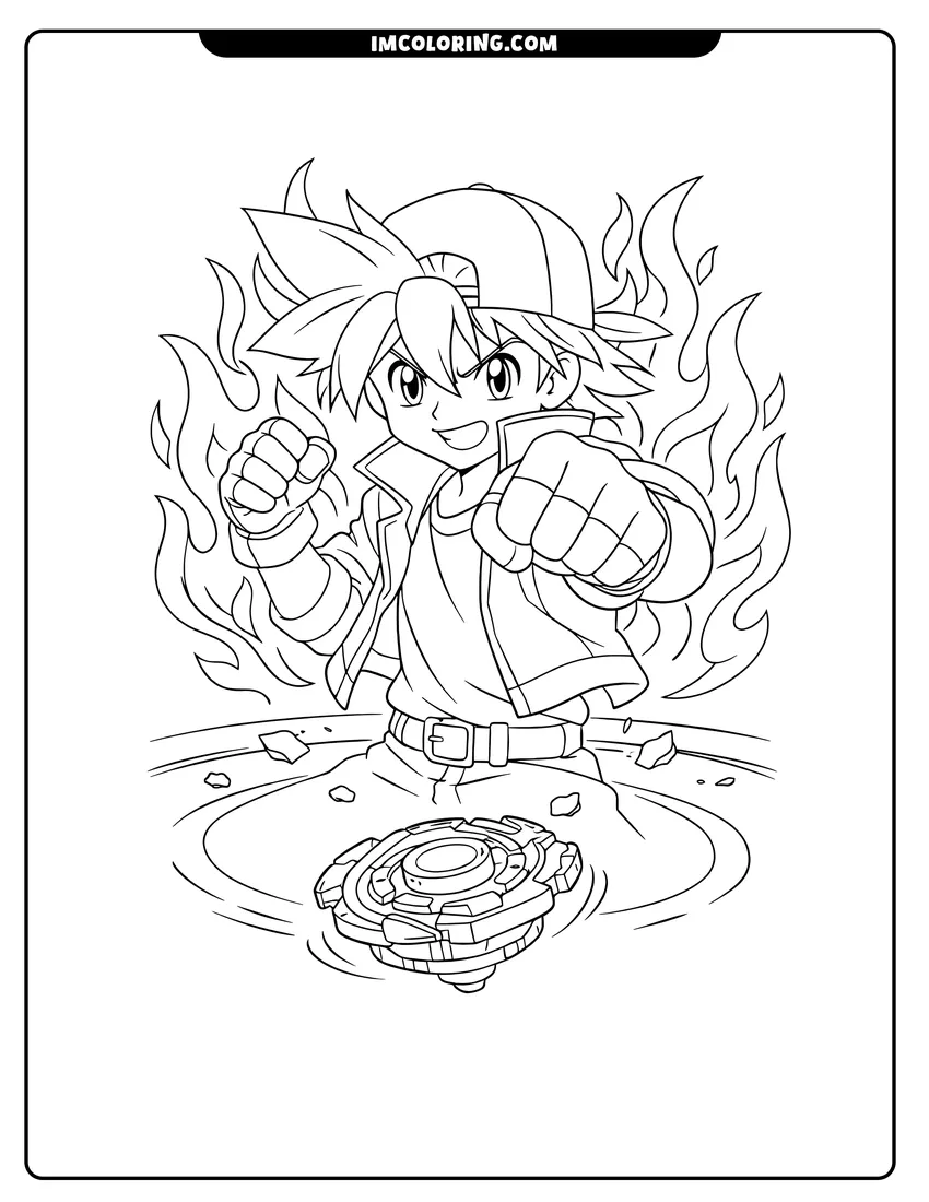 Kawaii style Tyson Granger punching forward with a background of flames coloring picture