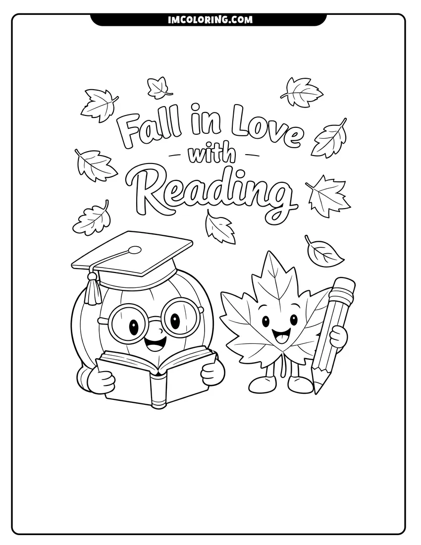 Pumpkin reading a book with fall in love with reading text drawing meant for coloring