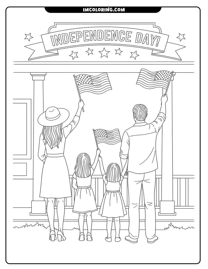 Full page coloring image of Family on porch waving flags for Independence Day