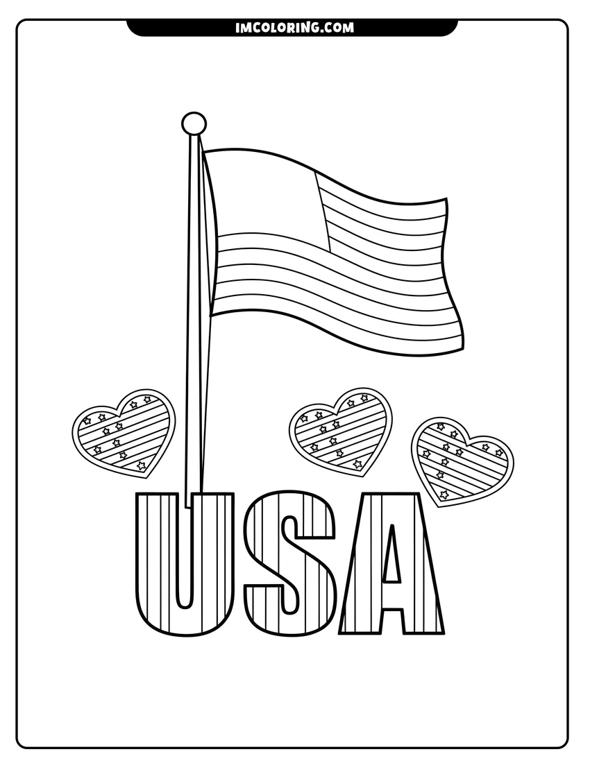 Coloring page of American flag with USA letters and patriotic floating hearts