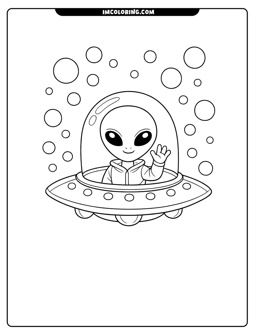 Printable outline of Friendly grey alien waving from inside a flying saucer