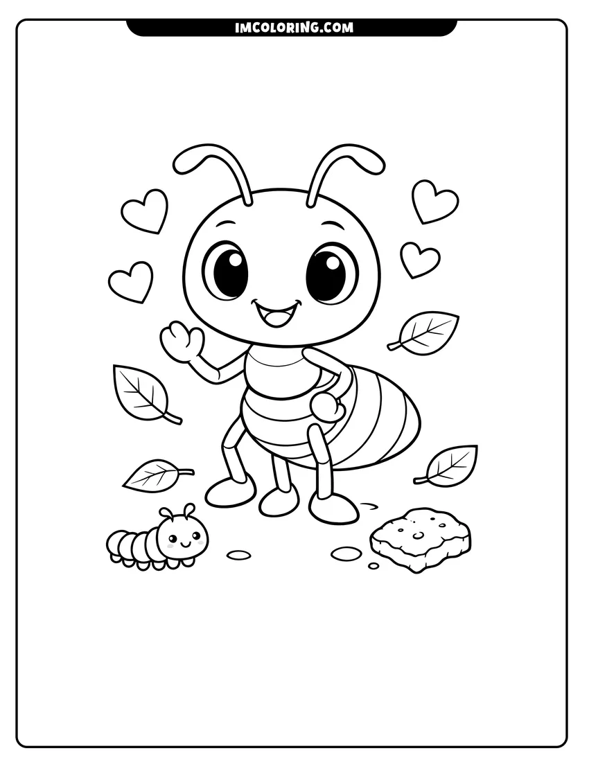 Kids activity sheet showing Friendly ant with big eyes and a small caterpillar