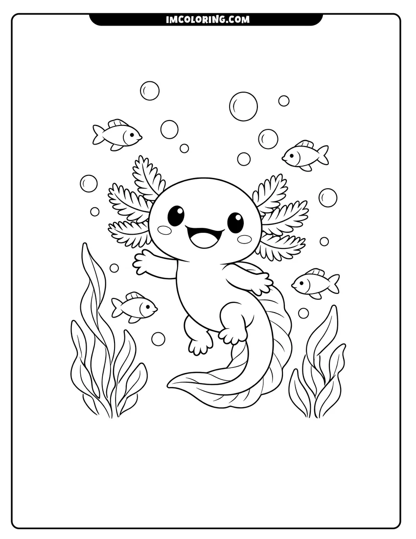 Printable coloring page featuring Axolotl swimming with small fishes and seaweed