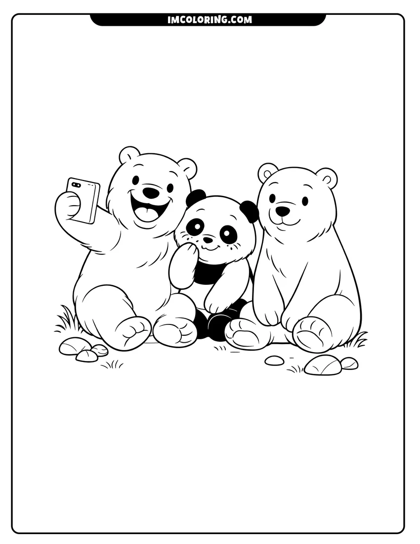 Printable Grizzly bear, panda, and polar bear taking a selfie coloring activity