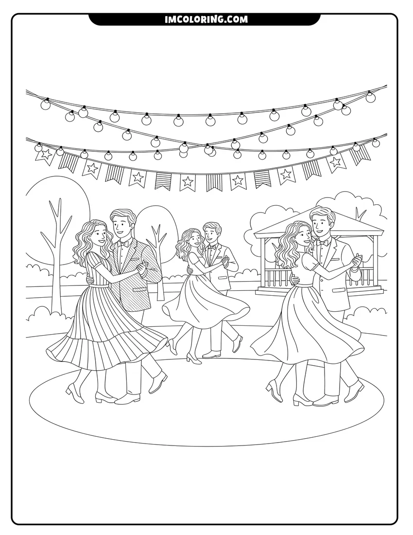 Coloring sheet featuring Young couples dancing under patriotic banners and string lights